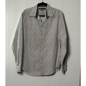 Perry Ellis Mens Slim Fit Paisley Button Down Shirt Olive White Long Sleeve Sz L